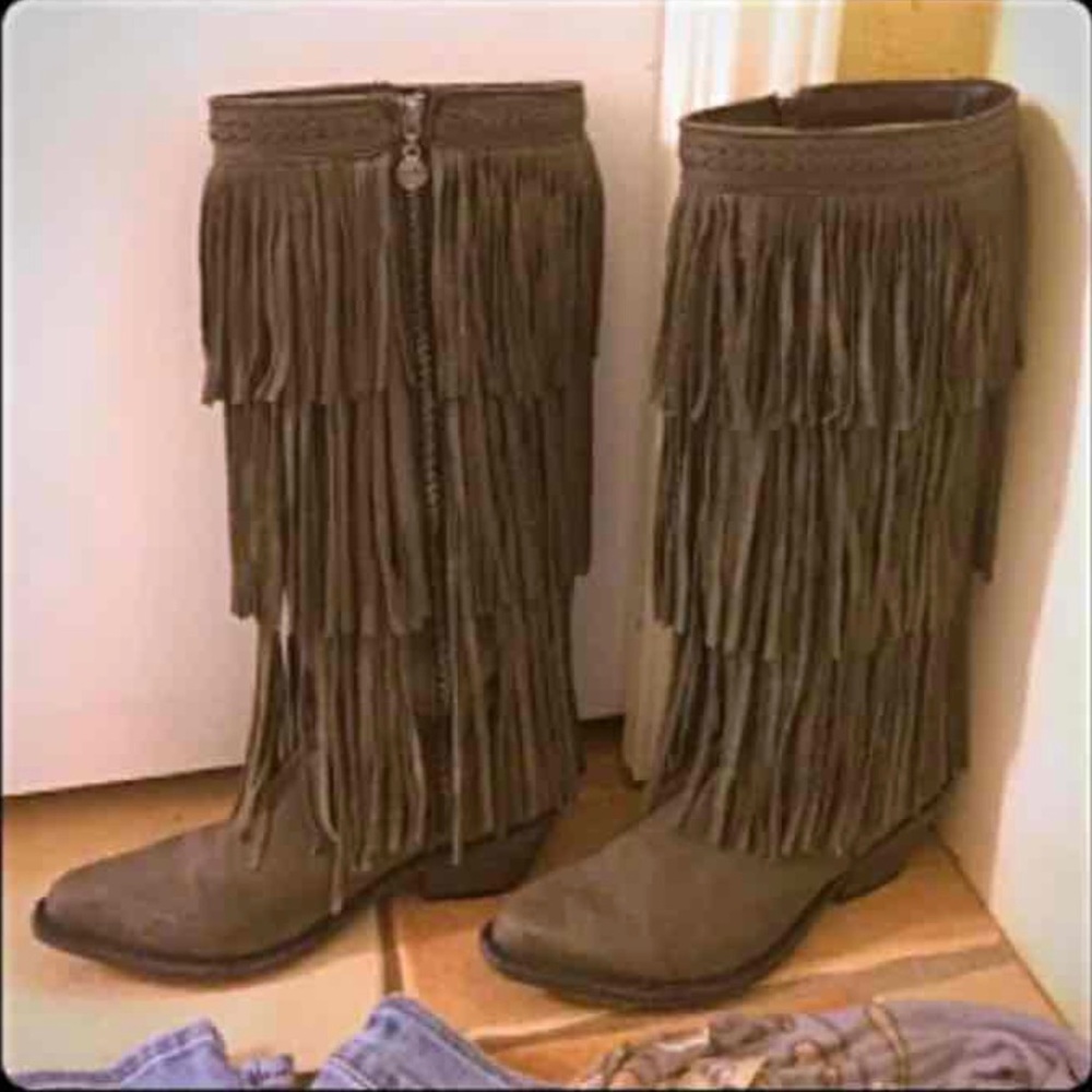 Gray Leather Fringe Western Boots
